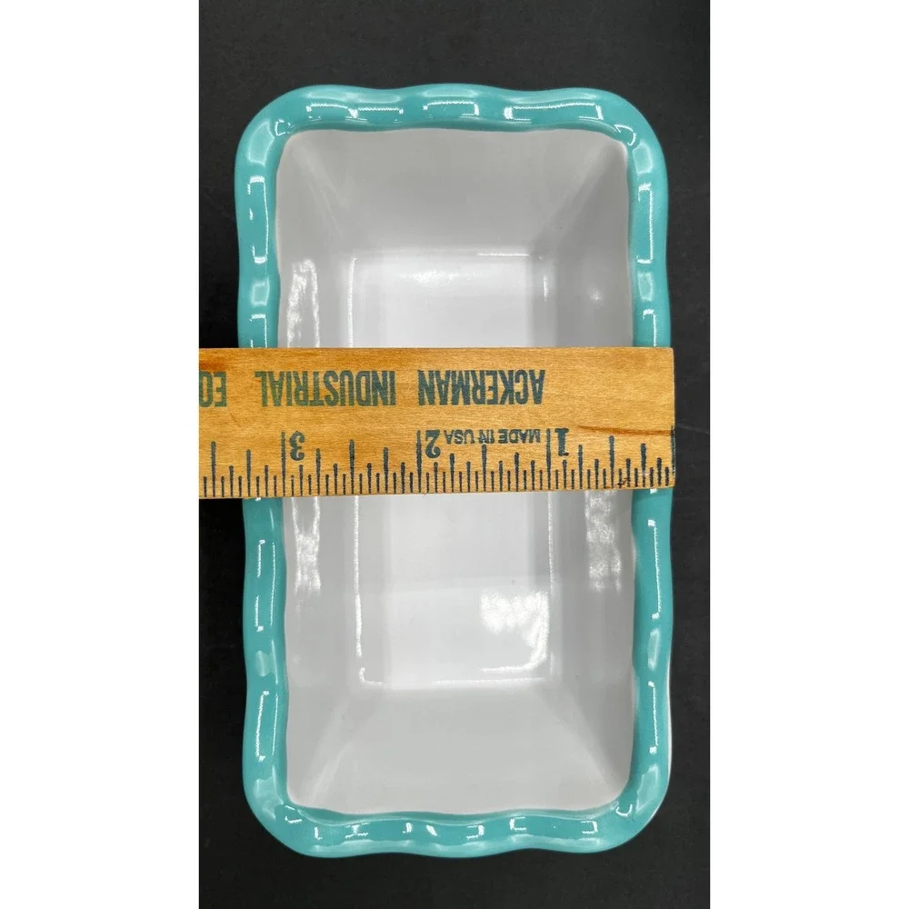 Peanuts Snoopy Woodstock Hoppy Easter Ceramic Loaf Pan Scalloped Teal Rim 6x3